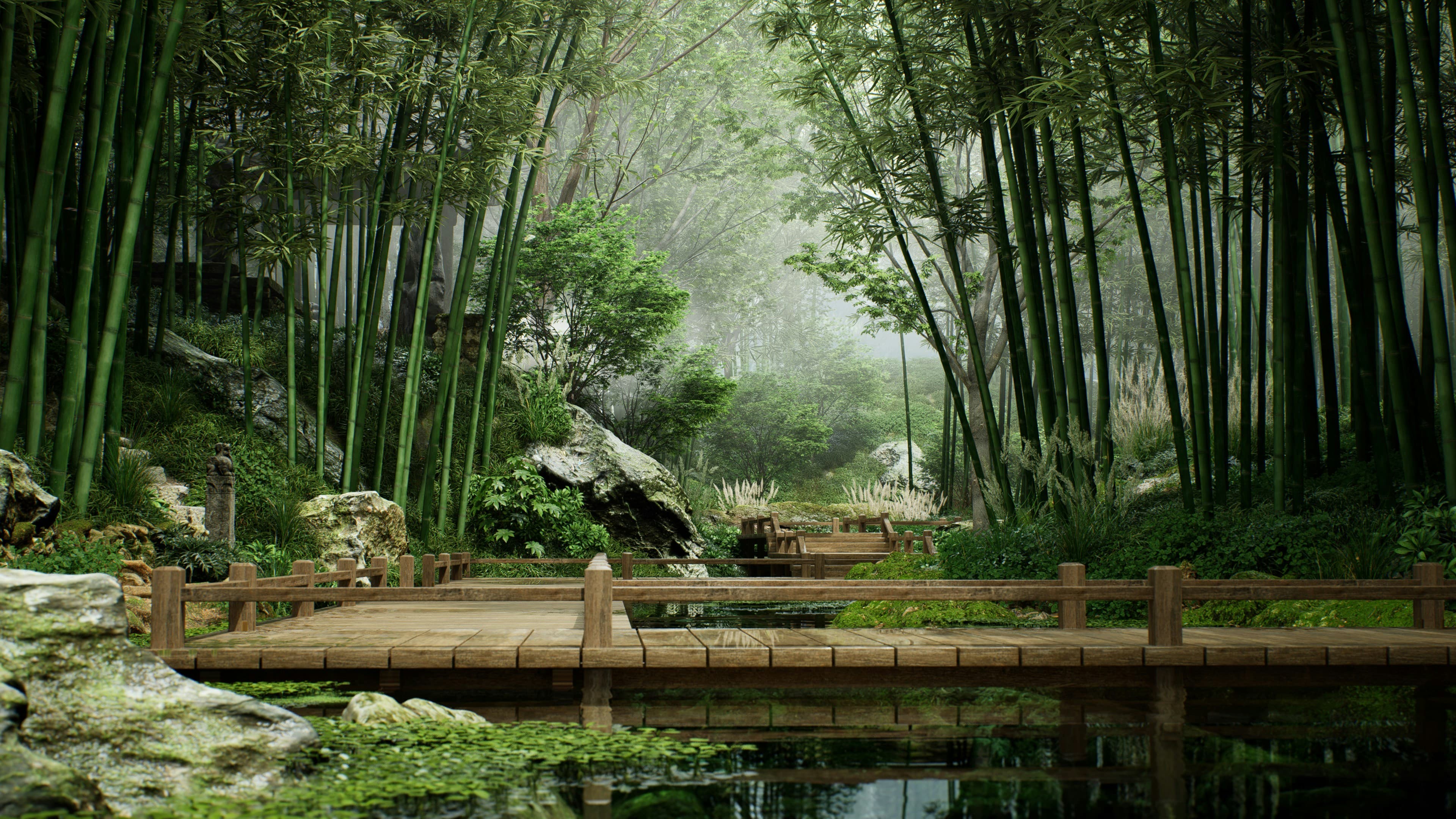 A wooden walkway over water surrounded by green forest